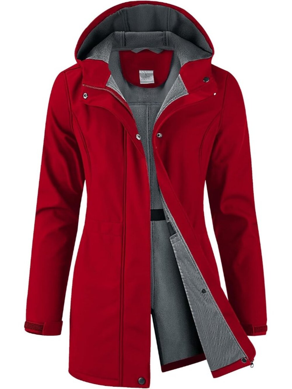 Women's Red Hooded Fleece Lined Waterproof Hiking Softshell Long Rain Jacket